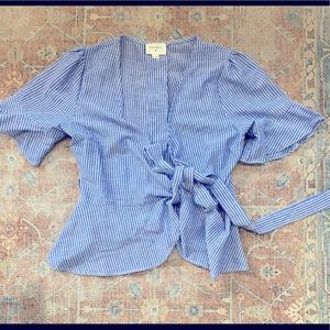 Everly pinstripe top, tied with ruffles